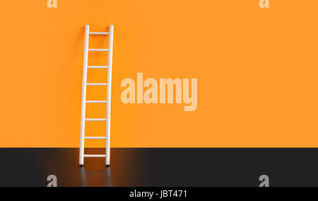 Holzleiter auf schwarzem Boden gegen orange Wand. Schönen Hintergrund mit freiem Speicherplatz für text Stockfoto