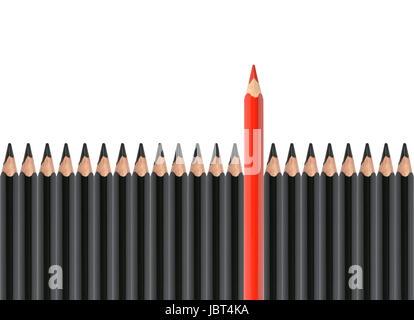 Individualität-Konzept. Ein roter Buntstift zwischen Zeile der schwarze Bleistifte auf weißem Hintergrund Stockfoto