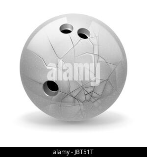 Bowling. Weisse zerbrochene Kugel auf dem hellen Hintergrund. Stockfoto