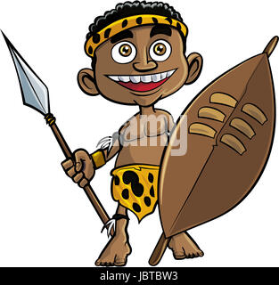 Niedliche Cartoon-Zulu-Krieger. Isoliert auf weiss Stockfoto