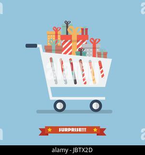 Warenkorb mit haufenweise Geschenke. Vektor-illustration Stock Vektor