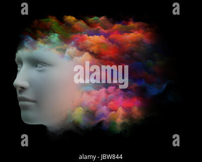 Bunte Mind-Serie. Abstrakte Muster des menschlichen Kopfes und Fraktale Farben zum Thema träumen, denken, Bewusstsein, Geist und Phantasie gemacht Stockfoto