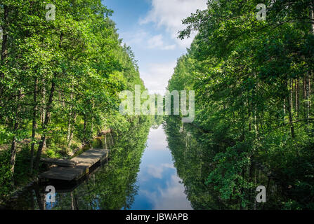 Malerische Landschaft mit Kanal und üppigen Bäumen am strahlenden Sommertag in Finnland Stockfoto