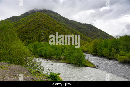 2 Streams mit verschiedenen farbigen Sediment zu einer Einheit verschmelzen. die Farbseparation weiterhin für einige Zeit im kombinierten Fluss. Fotografiert in Georgien Stockfoto