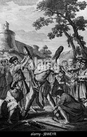 Der Baron Scanaw in Böhmen nach seiner eigenen Zunge ausgeschnitten haben, zu verhindern, beschuldigen sich selbst oder andere von der Ketzerei, ist zerbrochen, zum Tode. Gravur von Stockfoto