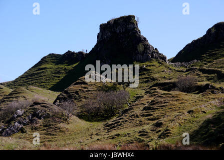 Zwei Personen in der Nähe von Rocky Turmburg Ewen & Kegel geformt Hügelchen in Fairy Glen, Uig, Isle Of Skye, North West schottischen Highlands, Schottland. Stockfoto