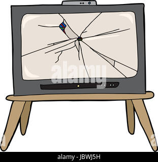 Moderne Fernsehgeräte mit Einschussloch und Scherben Stockfoto