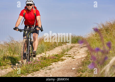 Junge attraktive Radfahrer fährt auf der Straße im Feld in der Sommersaison. Sportler in der Sportbekleidung, mit Helm und Sonnenbrille. Horizontale Foto. Ex Stockfoto