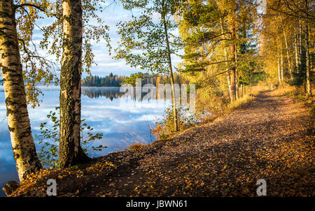 Malerische Landschaft mit See und Herbst Farben im Licht des Morgens Stockfoto