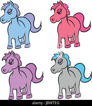 Sammlung von niedlichen Pony einfach Vektor Hand gezeichnete Illustration Stock Vektor