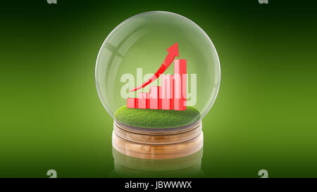 Transparente Kugel Glaskugel mit steigender Graph auf dem Rasen im Inneren. 3D-Rendering. Stockfoto