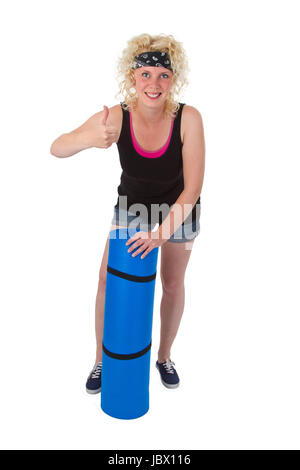 Sportliche Junge Frau Mit Gymnastikmatte - Freisteller Stockfoto