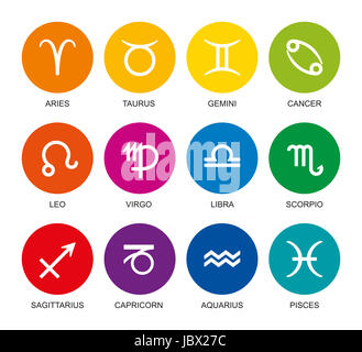 Regenbogenfarbenen astrologischen Zeichen des Tierkreises. Zwölf Kreise mit Stern Zeichen Symbole in hellen Farben und ihre Namen. Isolierte Abbildung auf whi Stockfoto