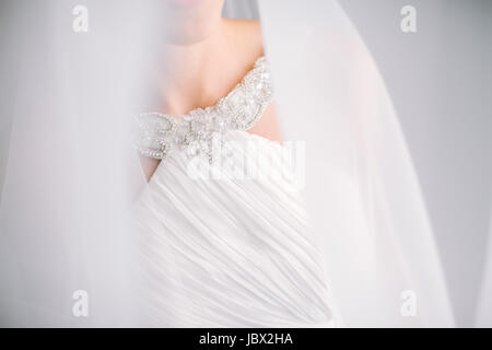 Lächeln der schöne elegante Braut in einem weißen Kleid unter einem Schleier hautnah. unscharfen Foto, leeren Raum für den Text. Stockfoto