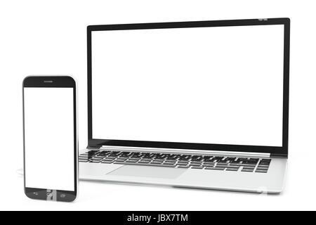 Desktop-Computer leer mock up. Mock-up glänzend Laptop-Computer. Moderne Computer mock-up. Perfekt detaillierten Smartphone mock-up in der Nähe von Computer leer. 3D Stockfoto
