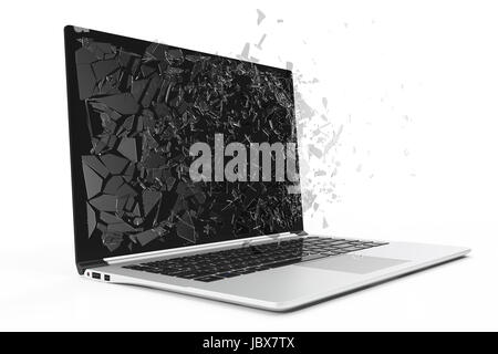 Computer oder Laptop mit gebrochenen Bildschirm isoliert auf weißem Hintergrund für Ihre Design-Projekt. 3D Rendering Stockfoto