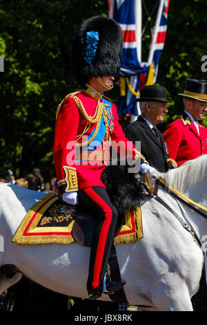 Der Oberst Beitrag an der Mall-London, UK - Samstag, 10. Juni 2017. Der Oberst ist der zweite Probe für die Trooping die Farbe parade die stattfindet am 17. Juni, wo seine königliche Hoheit der Herzog von Cambridge bestimmt die Bereitschaft der Irish Guards, ihre Farbe am Queens Geburtstag Truppe. Im Bild: Prinz William, reitet der Herzog von Cambridge sein Pferd Wellesley aus Buckinghampalast. Stockfoto