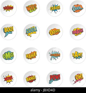 Comic farbige sound Symbole im flachen Stil festlegen Stock Vektor