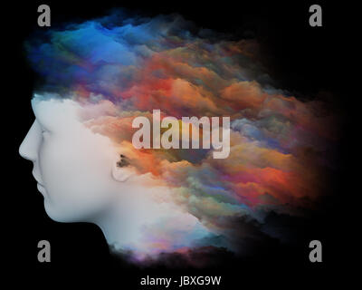 Bunte Mind-Serie. Abstrakte Muster des menschlichen Kopfes und Fraktale Farben zum Thema träumen, denken, Bewusstsein, Geist und Phantasie gemacht Stockfoto