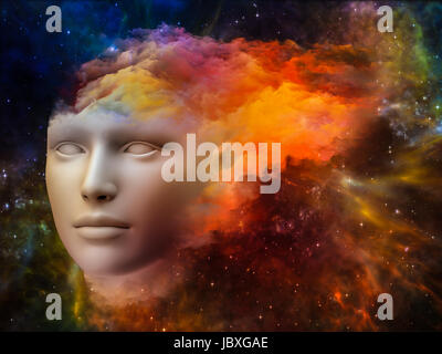 Bunte Mind-Serie. Abstrakte Muster des menschlichen Kopfes und Fraktale Farben zum Thema träumen, denken, Bewusstsein, Geist und Phantasie gemacht Stockfoto