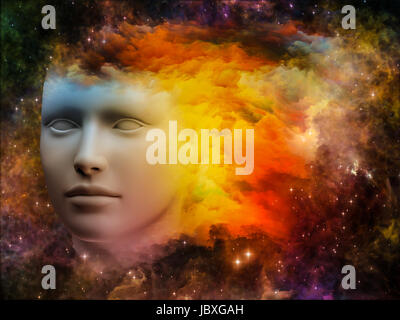 Bunte Mind-Serie. Abstrakte Muster des menschlichen Kopfes und Fraktale Farben zum Thema träumen, denken, Bewusstsein, Geist und Phantasie gemacht Stockfoto