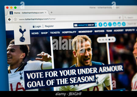 LONDON, UK - 8. Juni 2017: Die Homepage der offiziellen Website für Tottenham Hotspur Football Club, am 8. Juni 2017. Stockfoto