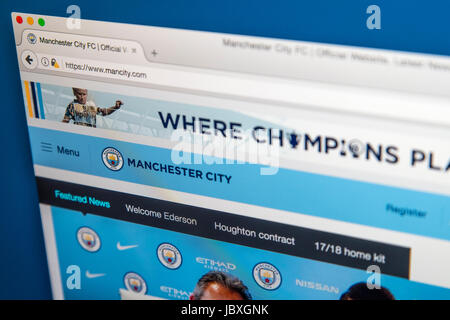 LONDON, UK - 8. Juni 2017: Die Homepage der offiziellen Website für Manchester City Football Club, am 8. Juni 2017. Stockfoto