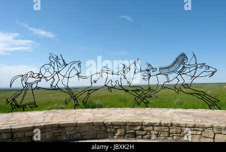 Bronze-Ablaufverfolgung Skulpturen von Kriegern, Indian Memorial, Little Bighorn Battlefield National Monument, Crow Agency, Montana, USA. Stockfoto