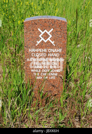 Ein Kopf-Stein markiert die Stelle, wo Cheyenne Krieger "Hahpehe Onahe" "Geschlossen Hand" fiel in der Schlacht von Little Bighorn, Montana, 1876. Stockfoto