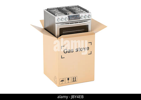 Gasherd mit Karton, Lieferung Konzept. 3D-Rendering isoliert auf weißem Hintergrund Stockfoto
