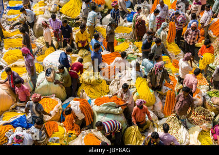 Haufenweise bunte Marygold Blüten werden von Herstellern, die in der täglichen Blumenmarkt unter Howrah Bridge verkauft Stockfoto