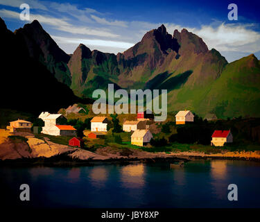 DIGITALE Kunst: Å und Gjerdtindan Berge, Lofoten Inseln, Norwegen Stockfoto