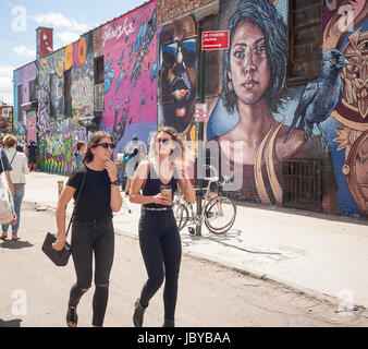 Tausende Gießen in Bushwick, Brooklyn in New York für die jährliche Bushwick kollektive Block Party auf Samstag, 3. Juni 2017. Musik und Party brachte einige, aber die eigentliche Attraktion war die neue Wandmalereien von "" Graffitikünstler, die die Wände der Gebäude schmücken, die das Kollektiv verwendet.  (© Richard B. Levine) Stockfoto