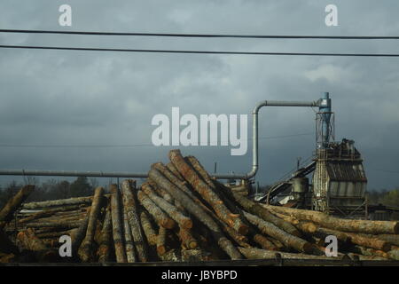 Dieses Bild verfügt über einen großen Haufen von Protokollen sitzen vor Sägewerk Strukturen und eine dramatische Atmosphäre mit schönen verbreitet Sonnenlicht auf Objekte. Stockfoto