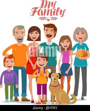 Familienportrait. Glückliche Menschen, Eltern und Kinder. Cartoon-Vektor-illustration Stock Vektor