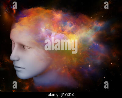 Bunte Mind-Serie. Abstrakte Muster des menschlichen Kopfes und Fraktale Farben zum Thema träumen, denken, Bewusstsein, Geist und Phantasie gemacht Stockfoto