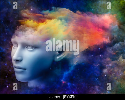 Bunte Mind-Serie. Abstrakte Muster des menschlichen Kopfes und Fraktale Farben zum Thema träumen, denken, Bewusstsein, Geist und Phantasie gemacht Stockfoto