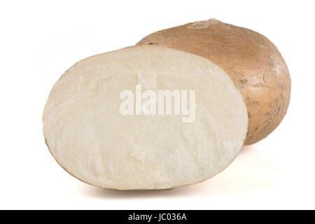 Frische Jicama isoliert auf weißem Hintergrund mit Schatten. Stockfoto