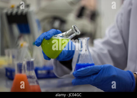 Forscher oder Wissenschaftler oder Doktoranden mischen Grün und Blau chemische Verbindungen, die in der Biotechnologie Labor Stockfoto