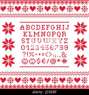 Kreuzstich Großbuchstaben Sie-Alphabet mit Zahlen und Symbolen Muster, Stickmuster Stock Vektor
