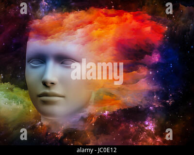 Bunte Mind-Serie. Abstrakte Muster des menschlichen Kopfes und Fraktale Farben zum Thema träumen, denken, Bewusstsein, Geist und Phantasie gemacht Stockfoto