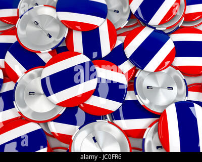 Blick von oben auf Haufen von Buttons mit Flagge von Thailand. Realistische 3d render Stockfoto