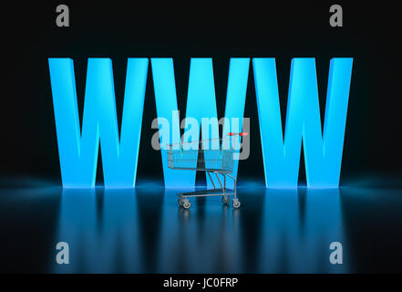 Konzept des Online-shopping. Große leuchtende WWW Buchstaben und Warenkorb auf dunklem Hintergrund. 3D render Stockfoto