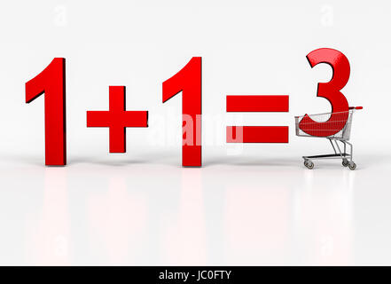 Konzept des Kaufes, zwei - auf befreien. Großes rotes Schild von 1 + 1 = 3 im Warenkorb auf weißem Hintergrund. 3D render Stockfoto