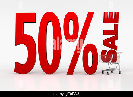 50 % Rabatt. 3D roten Buchstaben im Warenkorb liegen. 3D render Stockfoto