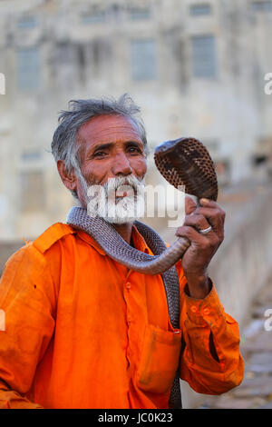 Lokalen Schlangenbeschwörer halten indische Cobra in der Straße von Jaipur, Indien. Jaipur ist die Hauptstadt und größte Stadt im indischen Bundesstaat Rajasthan. Stockfoto