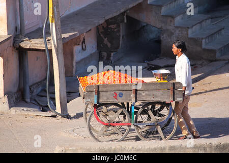 Lokale Mann schieben Karren mit Tomaten in Jaipur, Indien. Jaipur ist die Hauptstadt und größte Stadt im indischen Bundesstaat Rajasthan. Stockfoto