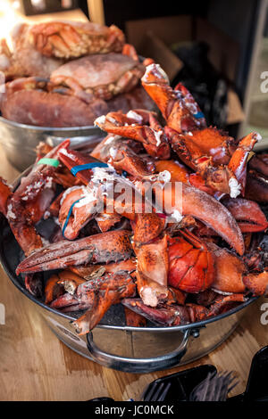 Gefrorene Hummer Krallen an Blecheimer in Küche Stockfoto