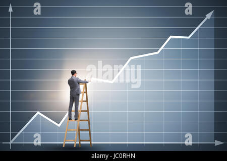 Zeichnen von Diagrammen auf Leiter stehend Geschäftsmann Stockfoto