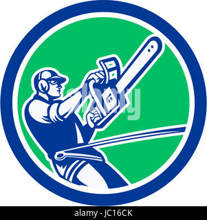 Abbildung eines Baumpfleger Baumpfleger Gärtner Handwerker Arbeitnehmers hängen mit Gurt hält eine Kettensäge Seitenansicht innerhalb eines Kreises im retro-Stil gemacht. Stockfoto